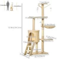 PawHut 53" Cat Tree Tower, Kitten Activity Centre with Scratching Posts, Condo, Perches, Ladder, Hammock, Dangling Toys, Beige(m-3)