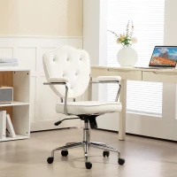 HOMCOM Cute Office Chair, Desk Chair with Button Tufted Velvet-Feel Fabric, Swivel Computer Vanity Chair, Cream White(m-10)