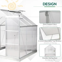 Outsunny 6' x 6' Hobby Greenhouse, Walk-in Polycarbonate Hot House Kit with Aluminum Frame, Sliding Door, Roof Vent, Silver(m-4)