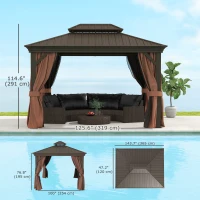 Outsunny 10' x 12' Outdoor Hardtop Gazebo with Galvanized Canopy & Netting Sidewalls for Lawn, Backyard, Dark Brown(m-3)