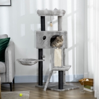 PawHut 47" Cat Tree for Indoor Cats, Kitty Activity Center, Cat Tower with Cat Ear Bed Ramp Condo Hammock Hanging Ball Toys Sisal Rope Scratching Post, Light Grey