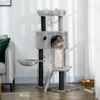 PawHut 47" Cat Tree for Indoor Cats, Kitty Activity Center, Cat Tower with Cat Ear Bed Ramp Condo Hammock Hanging Ball Toys Sisal Rope Scratching Post, Light Grey(m-1)