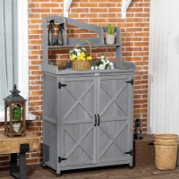 Outsunny Outdoor Storage Cabinet & Potting Table, Wooden Gardening Bench with Patio Cabinet and Magnetic Doors, Grey(m-10)