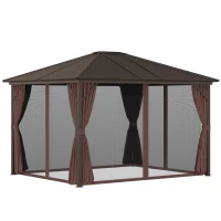 Outsunny 10' x 12' Hardtop Gazebo with Curtains and Netting, Permanent Pavilion Metal Single Roof Gazebo Canopy with Aluminum Frame and Hooks, for Garden, Patio, Backyard, Coffee Brown(m-11)