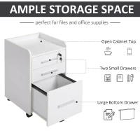 HOMCOM 3 Drawer File Cabinet with Lock and Edged Top, Lockable Filing Cabinet on Wheels for Letter and A4 Size, White(m-4)