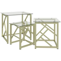 HOMCOM Glass Coffee Table Set of 3, Nest of Tables for Living Room with Tempered Glass Top and Steel Frame, Brushed Gold(m-11)