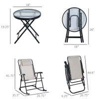 Outsunny 3 Piece Outdoor Rocking Chair Set, Patio Folding Lawn Rocker Set with Glass Coffee Table, Headrests for Yard, Patio, Deck, Backyard, Cream White(m-3)