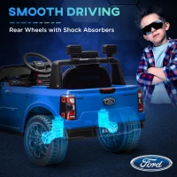 Qaba Ford Ranger Licensed 12V Ride on Car Battery Powered Kids Truck w/ Rear Storage Remote, Spring Suspension, Blue(m-7)