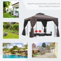Outsunny 10' x 10' Patio Gazebo Outdoor, Canopy Shelter with Double-tier Roof, Pavilion Sidewalls for Garden Events, Brown(m-7)