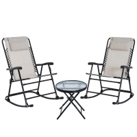 Outsunny 3pc Patio Rocking Chair Set, Folding Outdoor Rocking Chairs and Table Bistro Set w/ Breathable Mesh Seat & Backrest, Headrest for Park, Backyard, Garden, Cream White(m-11)