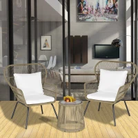 Outsunny 3 Pieces Wicker Patio Furniture Set, Rattan Bistro Set with Coffee Table and Cushions, Outdoor Conversation Set for Garden, Porch, Balcony, Coffee and White(m-1)