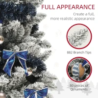 HOMCOM 6ft Prelit Artificial Christmas Tree with Blue Ornaments, Flocked Christmas Tree with LED Lights for Home Office(m-6)