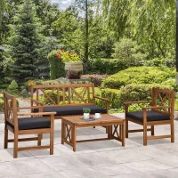 Outsunny 4 Piece Acacia Wood Outdoor Patio Furniture Set with 2 Armchairs, 1 Sofa, & 1 Coffee Table, Cushions Included(m-10)