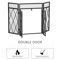 HOMCOM 3-Panel Fireplace Screen with Double Doors,  47.25" x 31"Steel Mesh Fire Spark Guard Cover for Living Room Indoor Decor, Black(m-6)