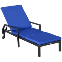 Outsunny Wicker Chaise Lounger PE Rattan Outdoor Lounge Chair Garden Chair Recliner with 5-Level Adjustable Backrest and 2 Wheels, Dark Blue(m-2)