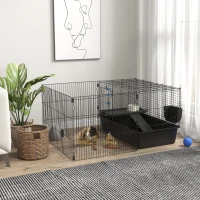 PawHut 33" Small Animal Cage with Playpen, Bunny Hutch Indoor for Guinea Pigs Hedgehogs with Accessories, Water Bottle, Food Dish, Feeding Trough(m-2)