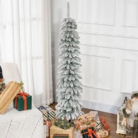 HOMCOM 5ft Snow-Flocked Artificial Christmas Tree, Slim Pencil Xmas Tree with 301 Realistic Branches, Metal Base, Green(m-1)