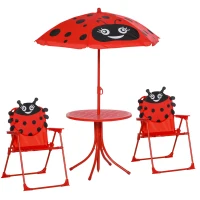 Outsunny Kids Folding Picnic Table and Chair Set Pattern Outdoor Garden Patio Backyard with Removable & Height Adjustable Sun Umbrella Red(m-11)
