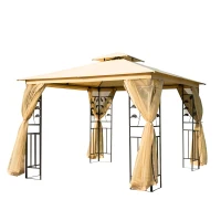 Outsunny 10' x 10' Metal Patio Gazebo, Double Roof Outdoor Gazebo Canopy Shelter with Tree Motifs Corner Frame and Netting, for Garden, Lawn, Backyard, and Deck, Beige(m-11)