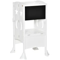 Qaba Kids Kitchen Helper Foldable Step Stool Toddler Kitchen Stool with Blackboard Lockable Handrail for 3-6 Years old White(m-11)