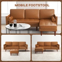 HOMCOM Faux Leather Sectional Sofa Couch L-Shaped Corner Sofa Set with Footstool and 2 Bolster Pillows, Brown(m-4)