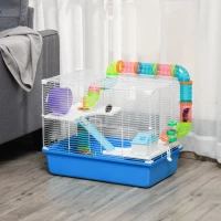 PawHut 3-Tier Large Toy-Filled Steel Small Animal Cage, Includes Exercise Wheel, Water Bottle, Food Dish, Blue(m-1)