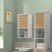 HOMCOM Wall Mounted Bathroom Cabinet with Storage, Bathroom Wall Cabinet with Bamboo Slat Door and Adjustable Shelf, White(m-10)