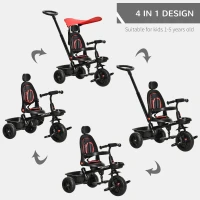 Qaba Kids Tricycle 4 In 1 Trike with Reversible Angle Adjustable Seat Removable Handle Canopy Handrail Belt Storage Footrest Brake Clutch for 1-5 Years Old Red(m-4)
