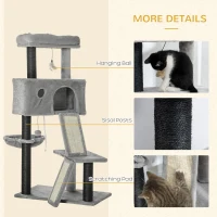 PawHut 47" Cat Tree for Indoor Cats, Kitty Activity Center, Cat Tower with Cat Ear Bed Ramp Condo Hammock Hanging Ball Toys Sisal Rope Scratching Post, Light Grey(m-5)