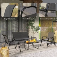 Outsunny 4 Pieces Outdoor Furniture Set with 2 Stackable Chairs, Loveseat, Patio Conversation Set with Glass Coffee Table, Black(m-9)