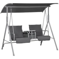 Outsunny 2-Seater Outdoor Porch Swing with Canopy and Table, Patio Swing Chair for Garden, Poolside, Backyard, Gray(m-1)