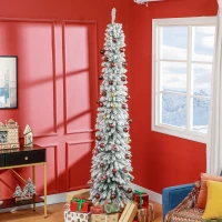 HOMCOM 8' Tall Unlit Slim Pencil Xmas Tree, Snow Flocked Artificial Christmas Tree with Realistic Branches and 603 Tips, Green(m-10)