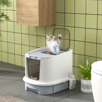 PawHut Covered Cat Litter Box with Lid, Drawer, Scoop, Top Entry, Deodorizing Bags, Odor Control, Easy to Clean, Gray(m-10)