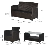 Outsunny 4 Pieces Patio Furniture Sets with Cushions, PE Rattan Wicker Conversation Chairs with Two-Tier Coffee Table for Backyard Porch Garden Poolside and Deck, Blue(m-3)