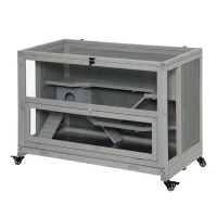 PawHut 3 Tier Wooden Hamster Cage with Wheels for Dwarf Hamster, Light Grey(m-2)