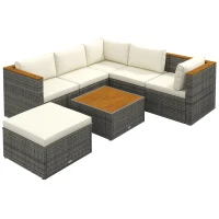 Outsunny 7 Pieces Outdoor Patio Furniture Set, PE Rattan Wicker Sectional Sofa Set with Cushions, Coffee Table, White(m-1)