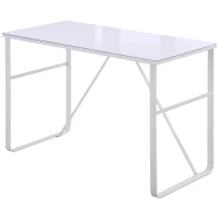 HOMCOM Office Table Glass Top Writing Desk Home Working Station Gaming Desk Metal Frame Easy Assembly, White(m-11)