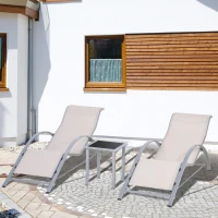 Outsunny 3 Pieces Patio Pool Lounge Chairs Set, Outdoor Chaise lounge with 2 S-Shaped Sunbathing Chairs and a Glass Top Table, for Yard Garden, Cream White(m-1)