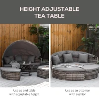 Outsunny 4 Piece Round Rattan Daybed, Convertible Patio Furniture Set, Adjustable Sun Canopy, Sectional Outdoor Sofa, 2 Chairs, Extending Tea Table Ottoman Chair, 3 Pillows, Gray(m-6)