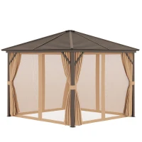 Outsunny 10' x 10' Hardtop Gazebo Outdoor Aluminum Gazebo Canopy with Mosquito Netting, Curtains, Hanging Hook, Brown(m-11)
