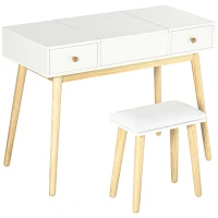 HOMCOM Makeup Vanity Desk with Flip Top Mirror and Cushioned Stool, Dressing Table Writing Desk with 2 Drawers and Storage Grids for Bedroom (White)(m-11)