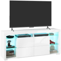 HOMCOM TV Stand with LED Lights for TVs up to 55", High Gloss TV Cabinet with Flip Doors and Glass Shelves, White(m-11)
