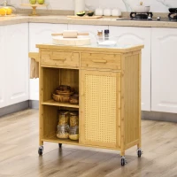 HOMCOM Bamboo Kitchen Island on Wheels, Rolling Kitchen Cart with Tempered Glass Top, 2 Drawers, Towel Racks, Open Compartments, Rattan Door Cabinet, Natural(m-8)