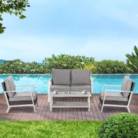 Outsunny Aluminum Patio Furniture Set, 5 Piece Modern Outdoor Conversation Set with Loveseat Sofa, Chairs, Cushions, Coffee Table & Side Table, Gray(m-10)