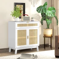 HOMCOM Boho Sideboard Storage Cabinet with Rattan Doors, White(m-1)