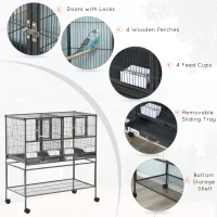 PawHut Large Double Rolling Metal Bird Cage Bird House w/ Removable Tray Storage Shelf(m-4)