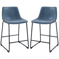 HOMCOM Counter Height Bar Stools Set of 2, Vintage PU Leather Bar Chairs, Kitchen Stools w/ Footrest for Home Bar, Blue(m-11)