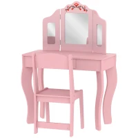 Qaba Kids Vanity Set, Dual-Use Dressing Table with Removable Tri-Folding Mirror and Drawer, for Ages 3-8, Pink(m-2)