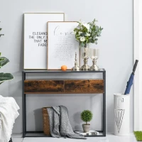 HOMCOM Industrial Style Entryway Console Table Desk with Drawers, Toughened Glass Shelf, 3D Wood Grain(m-8)
