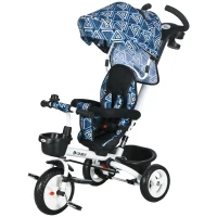 Qaba 6 in 1 Toddler Tricycle with Parent Push Handle, Canopy, Storage Baskets, Cupholder, Light Blue(m-2)